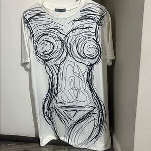 White T-Shirt with Black Abstract Design Dress